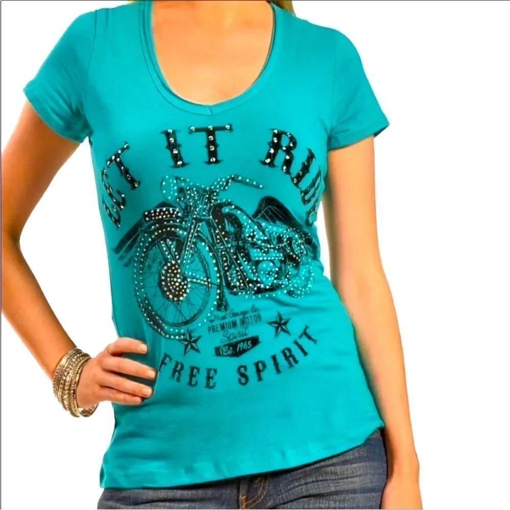 Teal Short Sleeve Studded Motorcycle Free Spirit Fitted Tee Shirt - NEW